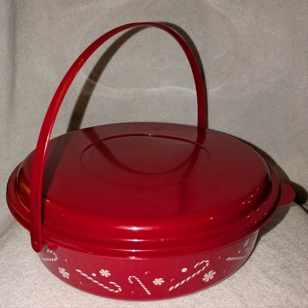 Red Holiday Themed Tupperware Bowl with Handle